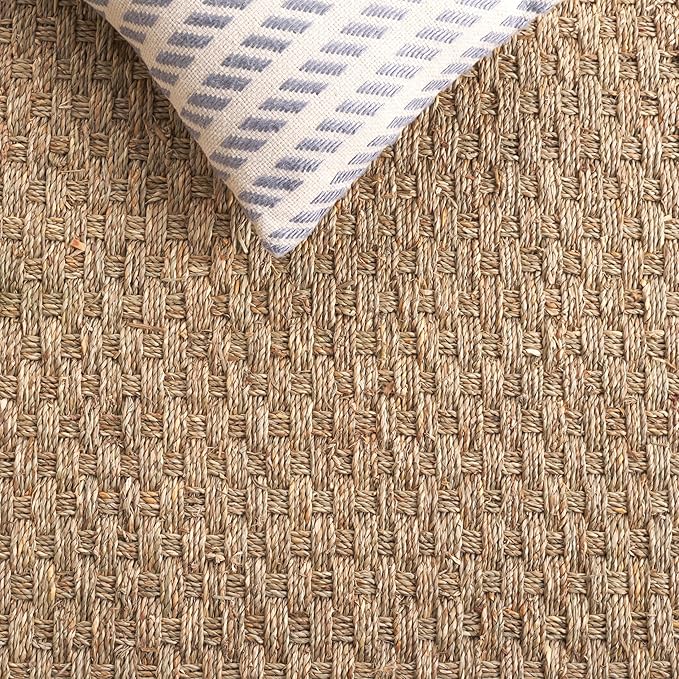 SAFAVIEH Area Rug 8x10 - Natural Fiber Collection - Large - Natural & Turquoise, Seagrass, Basketweave Pattern (NF114S)