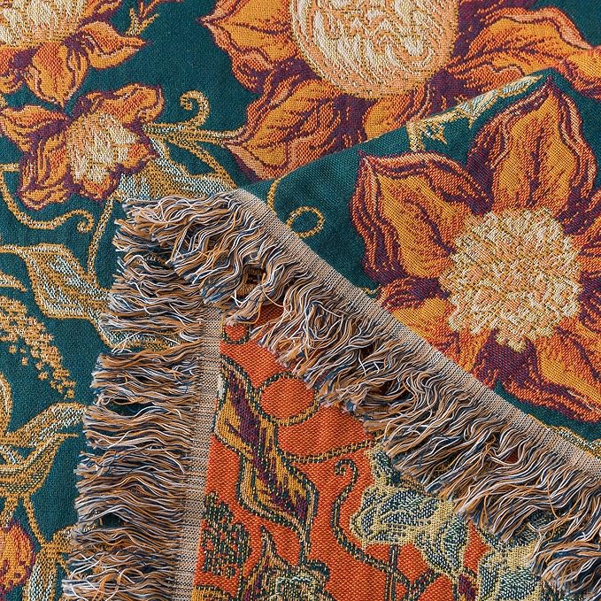 Boho Throw Blanket Twin Size, Soft Cozy Cotton Muslin Quilt Blanket for Bed Decor, Floral Patterned Couch Sofa Chair Cover, Vintage Farmhouse Cottage Tapestry Woven Blanket, Green&Orange