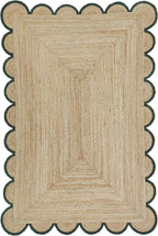 Scalloped Natural Jute Area Rug, Green Trim, 2'6"x10'