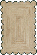 Scalloped Natural Jute Area Rug, Green Trim, 9'x12'