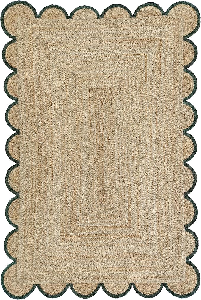 Scalloped Natural Jute Area Rug, Green Trim, 2'6"x12'