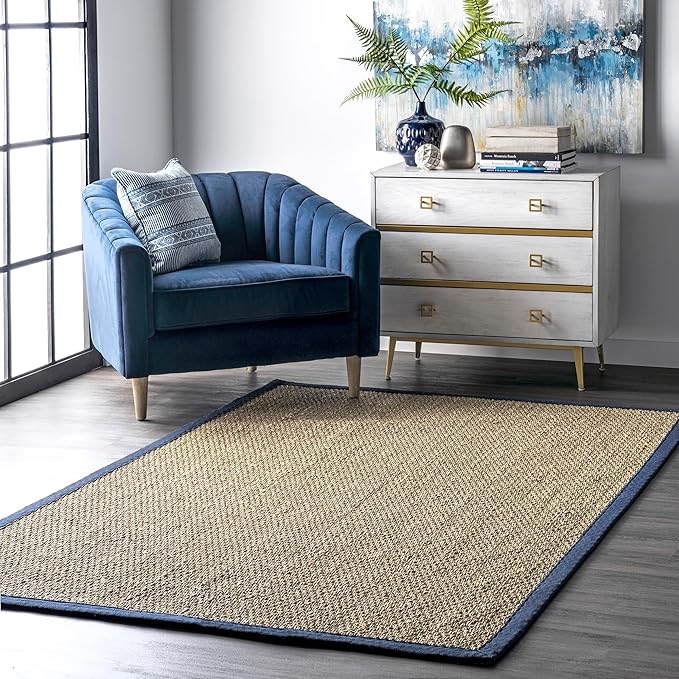 Nuloom Elijah Navy/Natural, 6' x 9', Basketweave, Seagrass, Soft and Textured, High Traffic, Stain Resistant, Easy Clean, Durable Area Rug for Bedroom, Living Room, Dining, Den, Foyer, Entryway