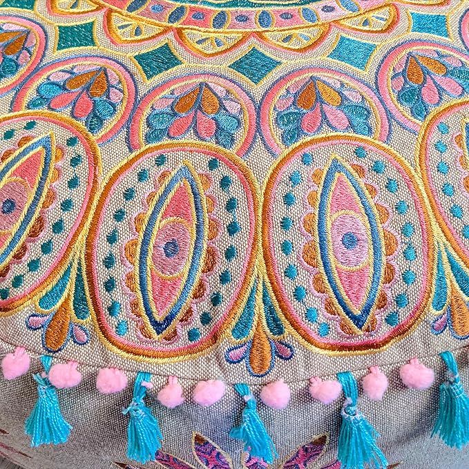 Mandala Life ART Moroccan Large Floor Pillow Cover with Tassels and Ponpon Bedroom Décor Round Pouf Ottoman Boho Chic Seating Area Beanbag Footstool Stool Cotton 24x8 Unstuffed