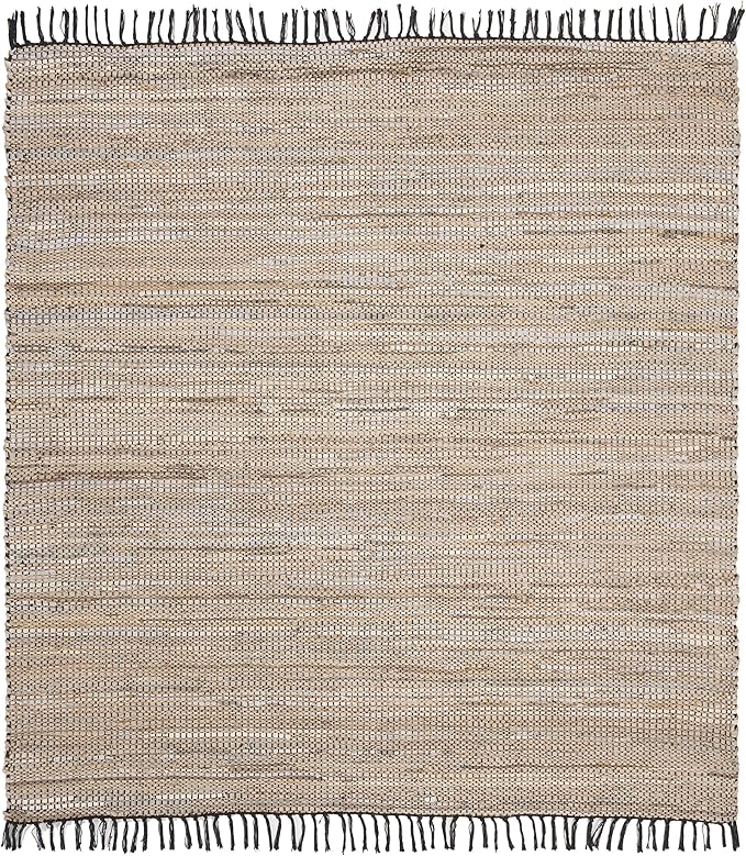 SAFAVIEH Vintage Leather Collection Area Rug - 6' Square, Beige, Handmade Boho Fringe Leather & Jute, Ideal for High Traffic Areas in Living Room, Bedroom (VTL203B)