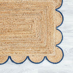 Scalloped Natural Jute Area Rug, Navy Trim, 2x3
