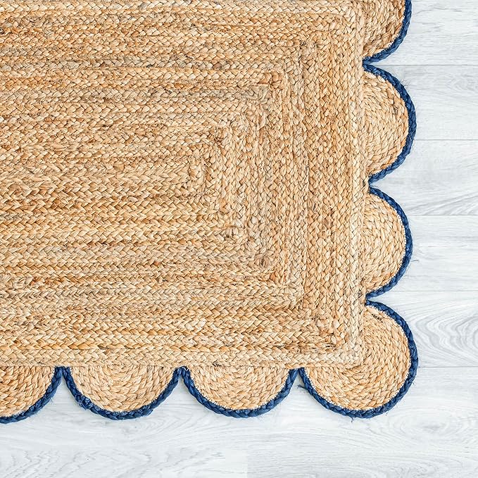 Scalloped Natural Jute Area Rug, Navy Trim, 2x3
