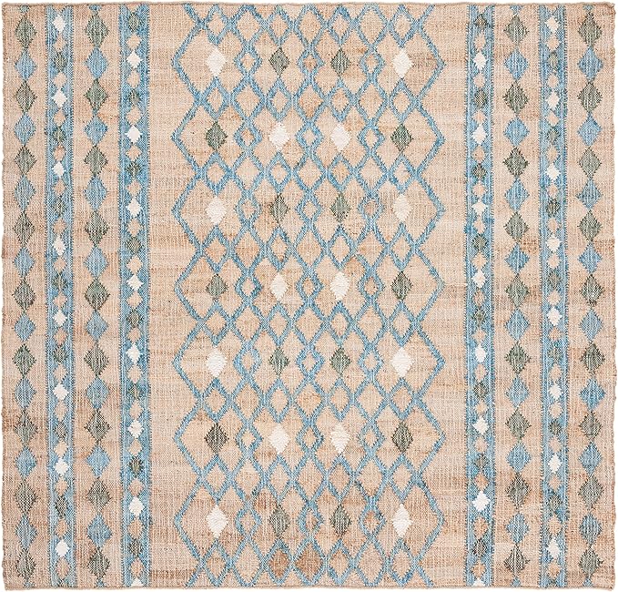 SAFAVIEH Kilim Collection Area Rug - 7' Square, Natural & Blue, Flat Weave Jute Design, Ideal for High Traffic Areas in Living Room, Bedroom (KLM759M)
