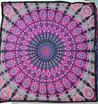 CRAFT KALA Mandala Floor Pillow Cushion Cover Seating Throw Cover Hippie Decorative Bohemian Ottoman Poufs Pom Pom Pillow Cases Boho Indian Cotton Living Room Yoga Home Décor 35" Square, Pink Peacock