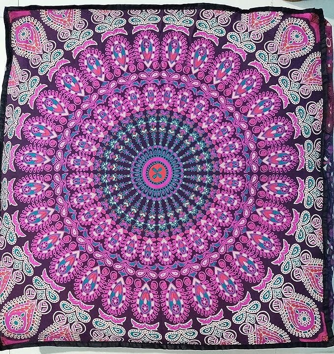 CRAFT KALA Mandala Floor Pillow Cushion Cover Seating Throw Cover Hippie Decorative Bohemian Ottoman Poufs Pom Pom Pillow Cases Boho Indian Cotton Living Room Yoga Home Décor 35" Square, Pink Peacock