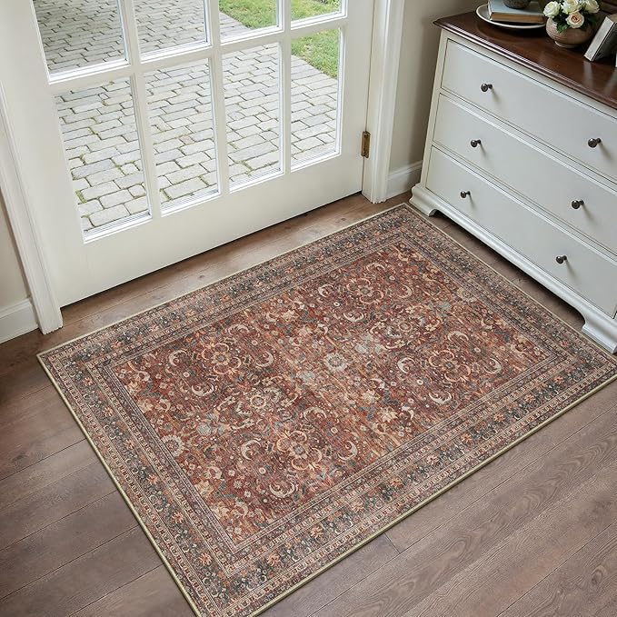 HUGEAR 2x3 Entryway Area Rug Vintage Brick Red Small Rug Machine Washable Door Mat Retro Floral Low Pile Carpet Vacuumable Distressed Throw Rug Entrance Kitchen Bathroom Bedroom Non Slip Lightweight