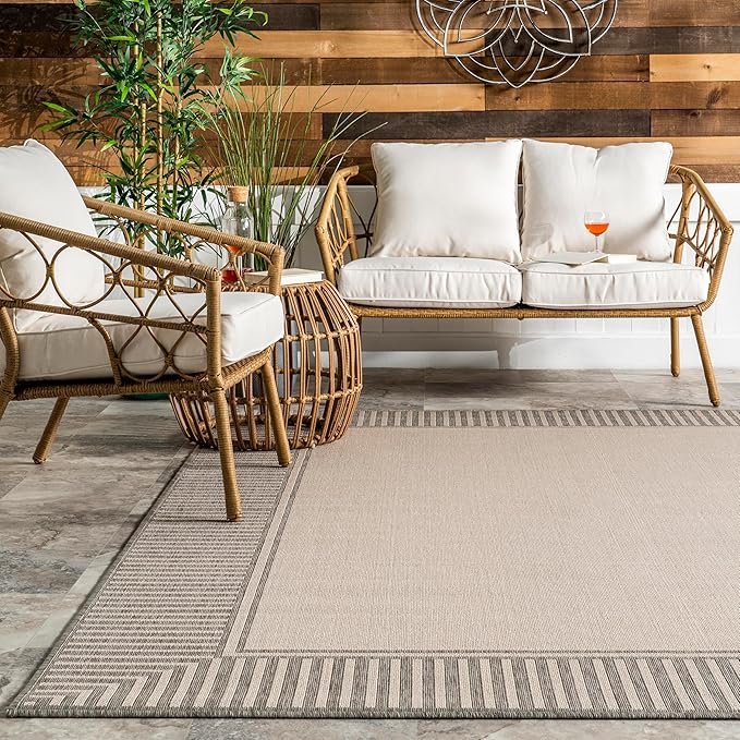 Nuloom Asha Light Grey/Ivory, 4' x 6', Casual, Striped Border, Soft and Cozy, High Traffic, Stain Resistant, Easy Clean, Durable Area Rug for Indoor/Outdoor Patio, Deck, Porch, Garden, Courtyard