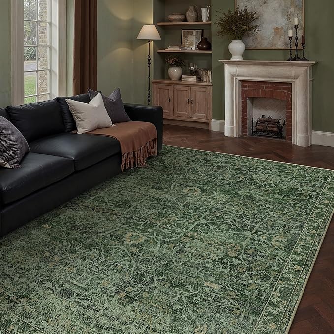 HUGEAR Area Rug 6x9 Retro Green Machine Washable Living Room Rugs Distressed Vintage Floral Vacuumable Low Pile Carpet Bedroom Office Dining Room Laundry Room Non Slip Soft Lightweight