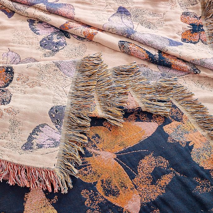 Boho Throw Blanket King, 100% Organic Cotton Breathable Ultra Soft 91" x 98" Bed Quilt Throw - All Season Floral Rustic Farmhouse Decor Luxury Reversible Blanket for Sofa Couch Chair and Gift