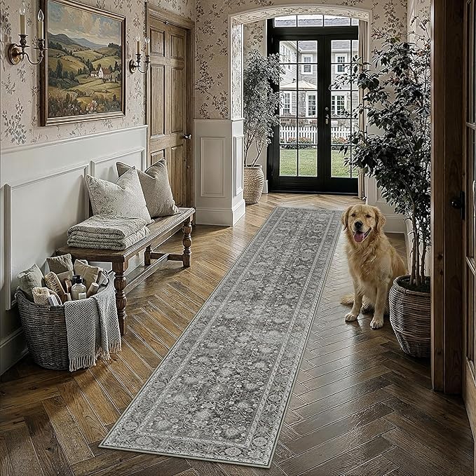 Black Runner Rug 2'6"x10' Vintage Area Carpet Hallway Long Indoor Kitchen Washable Living Room Low Pile Traditional Distressed Retro Accent Rug Non Slip Laundry Bathroom Office Dining Room