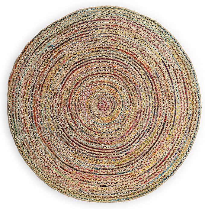 · REDEARTH · Jute Cotton Chindi Area Rug - 5' Round Rug, Handwoven, Non-Shedding, Soft & Durable – Multi Tones for Home Décor in Living Room, Dining Room, Bedroom