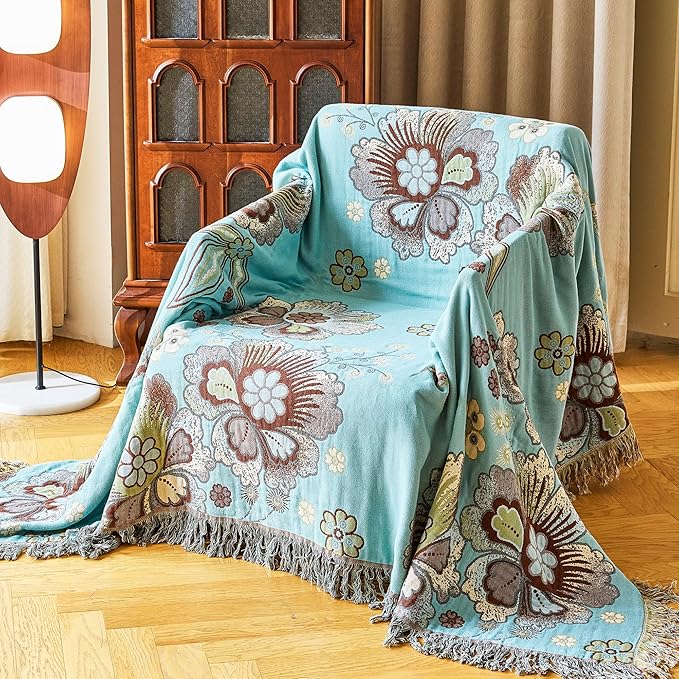 King Boho Throw Blanket 91" x 98", 100% Organic Cotton Breathable Skin-Friendly Ultra Soft Bed Quilt Blue Throw - Floral Rustic Decor Luxury Reversible Blanket for Sofa Couch Chair and Gift