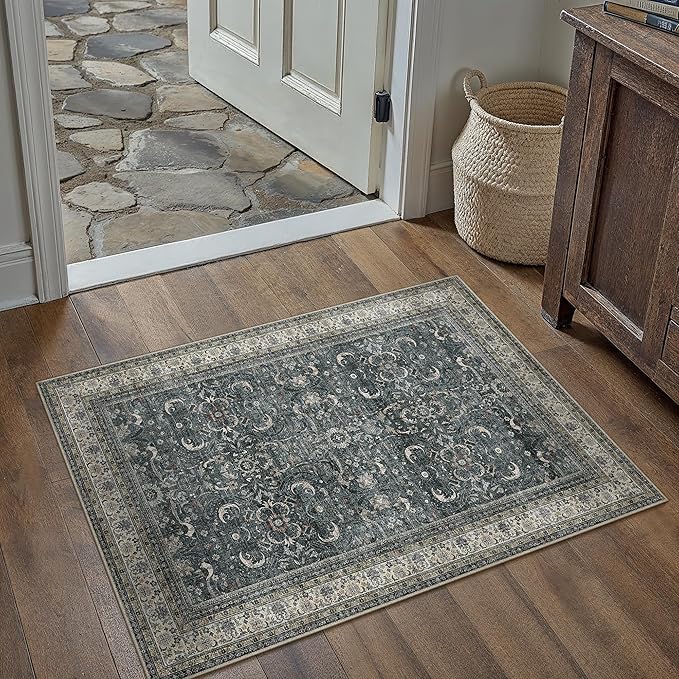 HUGEAR 2x3 Entryway Area Rug Vintage Black Small Rug Machine Washable Door Mat Retro Floral Low Pile Carpet Vacuumable Distressed Throw Rug Entrance Kitchen Bathroom Bedroom Non Slip Lightweight