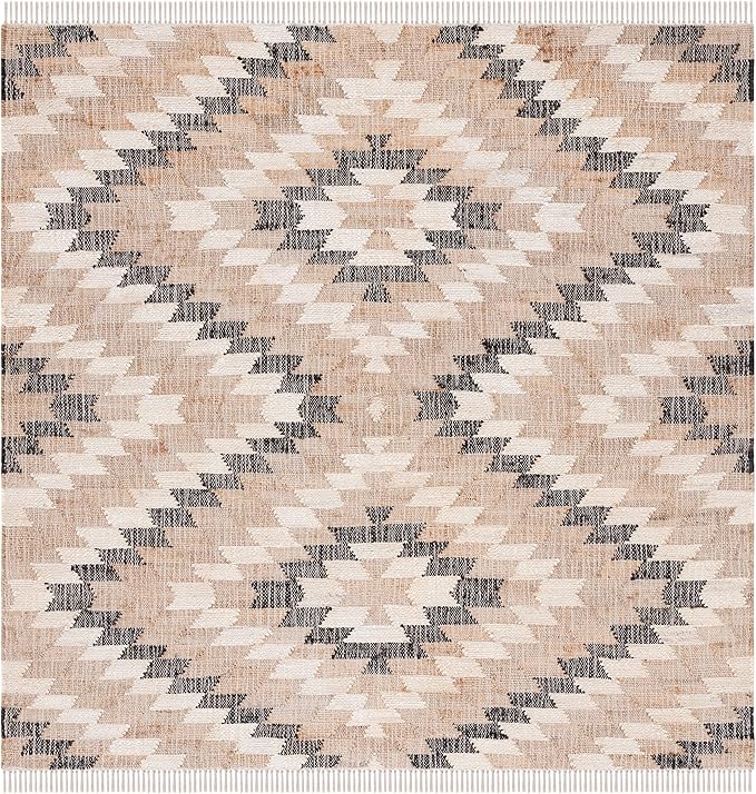 SAFAVIEH Natural Fiber Collection Area Rug - 6' Square, Natural & Black, Handmade Boho Southwestern Fringe Jute, Ideal for High Traffic Areas in Living Room, Bedroom (NFB401A)