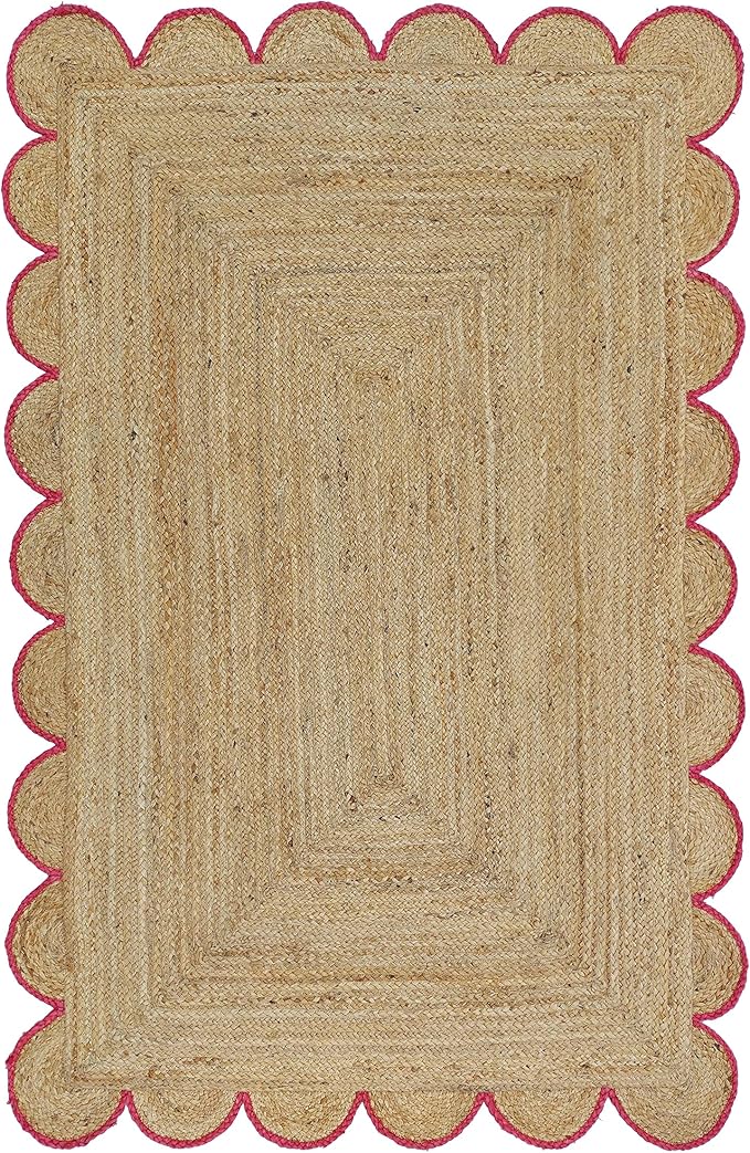 Scalloped Natural Jute Area Rug, Pink Trim, 8'x10'