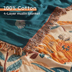 Boho Throw Blanket for Bed 50”x60”, 100% Cotton Woven Blanket for Couch Sofa, Ultra Soft 4-Layer Muslin Quilt with Floral Printed, Farmhouse Bed Blanket/Cover for Living Room Decor