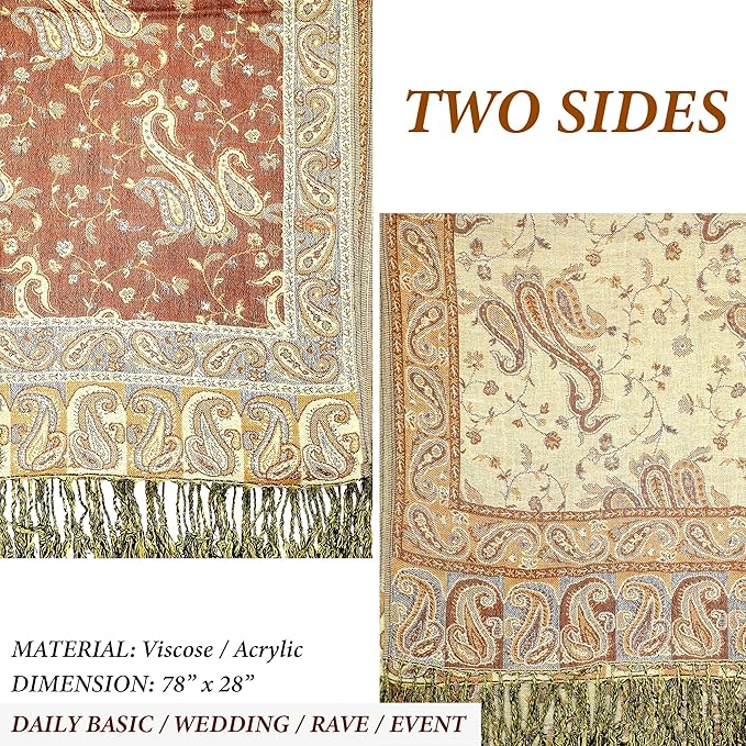 Achillea Reversible Paisley Pashmina Rave Scarf – Exotic Indian Shawls and Wraps for Evening Dresses, Festivals, All Seasons
