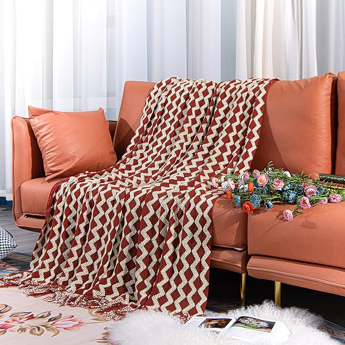 NTBAY Acrylic Knitted Throw Blanket, Lightweight and Soft Cozy Decorative Woven Blanket with Tassels for Travel, Couch, Bed, Sofa, 51x67 Inches, Red and White Striped