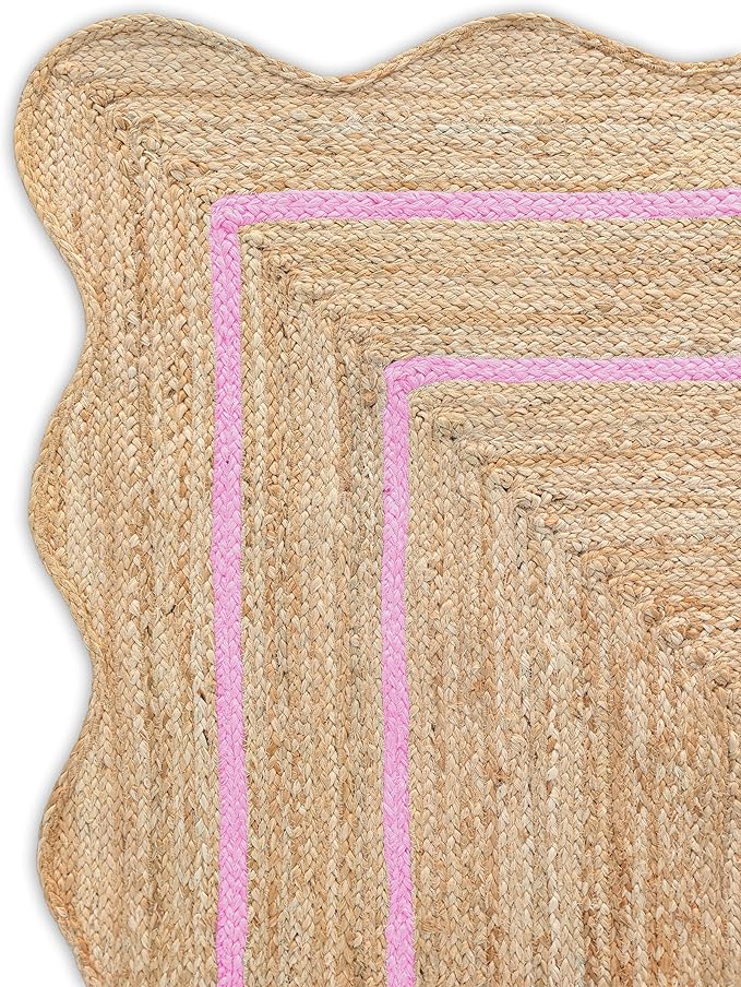 Wave Scalloped Natural Jute Runner Boho Jute Entryway Farmhouse Scallop Rug, Light Pink (2'6"x20'")