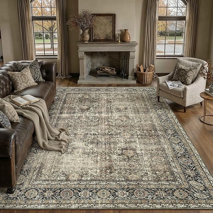 Vintage Area Rug 5x8 Brown Washable Living Room Large Carpet Non Slip Bedroom Indoor Office Low Pile Traditional Distressed Retro Accent Rug for Dining Room Bathroom Kitchen