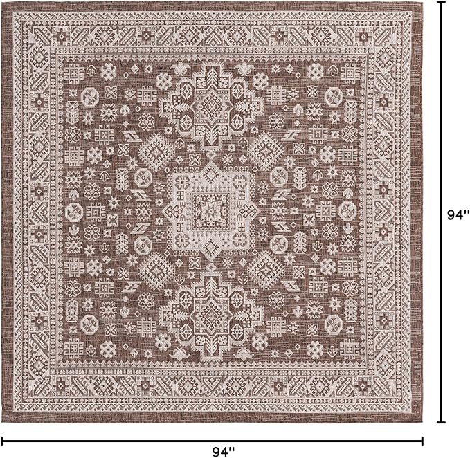 Rugs.com Outdoor Aztec Collection Rug – 8 Ft Square Brown Flatweave Rug Perfect for Living Rooms, Kitchens, Entryways