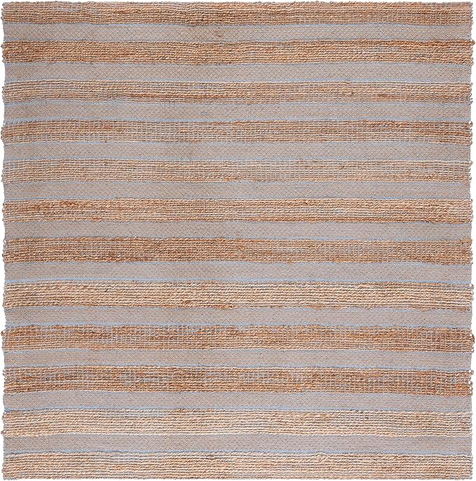SAFAVIEH Natural Fiber Collection Area Rug - 6'6" Square, Light Blue & Natural, Handmade Boho Farmhouse Rustic Jute & Cotton Jute, Ideal for High Traffic Areas in Living Room, Bedroom (NFB654M)