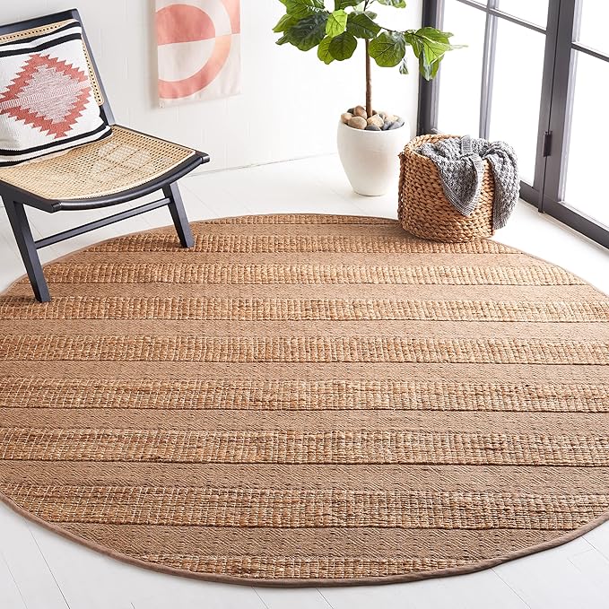SAFAVIEH Natural Fiber Collection Area Rug - 7' Round, Taupe & Natural, Handmade Boho Farmhouse Rustic Jute & Cotton Jute, Ideal for High Traffic Areas in Living Room, Bedroom (NFB653E)
