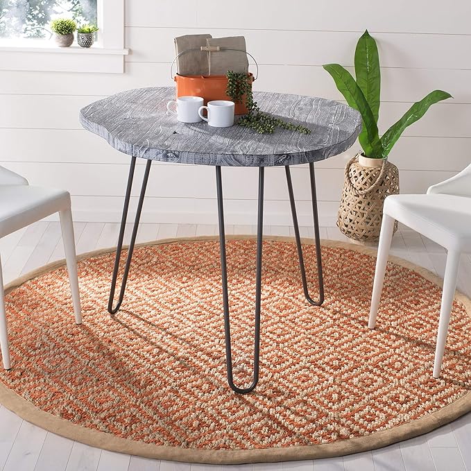 SAFAVIEH Natural Fiber Collection Area Rug - 6' Round, Orange & Natural, Handmade Boho Diamond Tassel Jute, Ideal for High Traffic Areas in Living Room, Bedroom (NF266B)