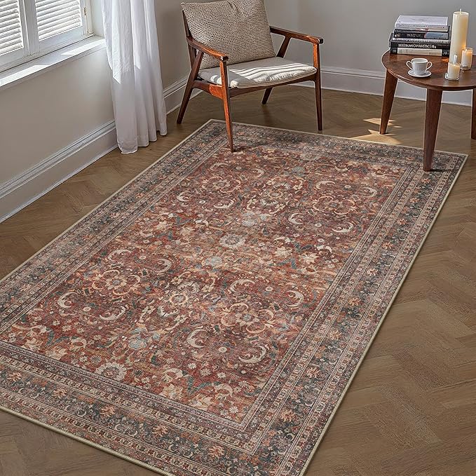 HUGEAR 3x5 Entryway Area Rug Vintage Brick Red Small Rug Machine Washable Door Mat Retro Floral Low Pile Carpet Vacuumable Distressed Throw Rug Entrance Kitchen Bedroom Bathroom Non Slip Lightweight