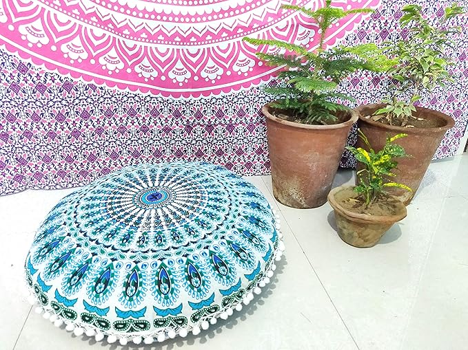 CRAFT KALA Mandala Floor Pillow Cushion Cover Seating Throw Cover Hippie Decorative Bohemian Ottoman Poufs Pom Pom Pillow Cases Boho Indian Cotton Living Room Yoga Home Décor 24" Round Sky Blue Mirchi