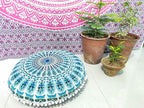 CRAFT KALA Mandala Floor Pillow Cushion Cover Seating Throw Cover Hippie Decorative Bohemian Ottoman Poufs Pom Pom Pillow Cases Boho Indian Cotton Living Room Yoga Home Décor 24" Round Sky Blue Mirchi