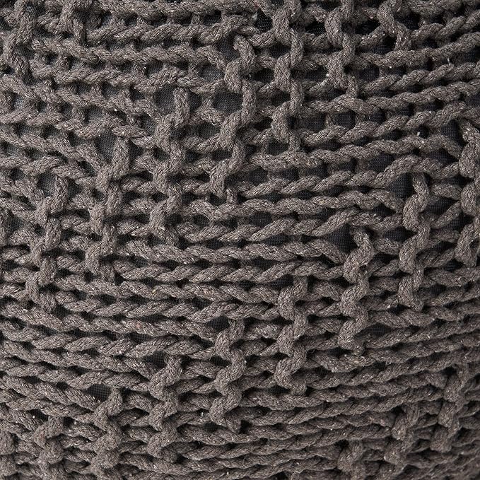 Handcrafted Knitted Cotton Round Pouf - 20x20, Modern Design, Soft and Comfortable, No Assembly, Home Decor, Knit Ottoman, Boho Floor Pouf for Living (Knitted Pouf - Dark Gray)