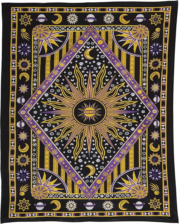 Popular Handicrafts Wall Hanging Tapestry For Bedroom Hippie Burning Sun and Moon Meditation Bohemian Hippy Psychedelic Design Indian Tapestries Bedspread 30 x 40 Inches (76 x 101 cms), Blue