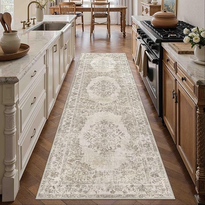 2'6"x8' Runner Rug Beige Washable Hallway Kitchen Bedroom Vintage Distressed Bathroom Non Slip Medallion Floral Carpet Indoor Retro Throw Floor Mat for Office Dining Laundry Living Room