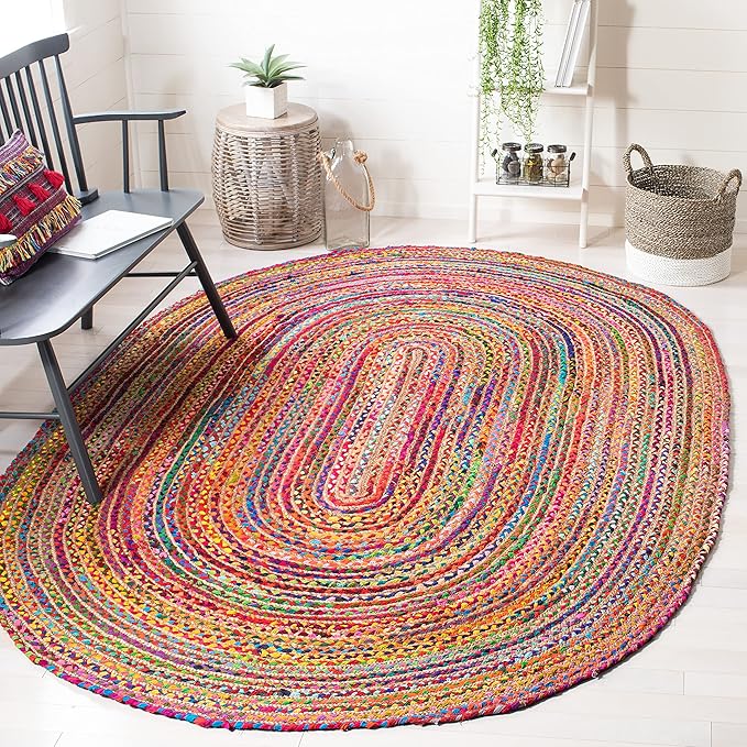 SAFAVIEH Cape Cod Collection Area Rug - 7'6" x 9'6" Oval, Red & Multi, Handmade Jute & Cotton, Woven Braided Design (CAP202A)