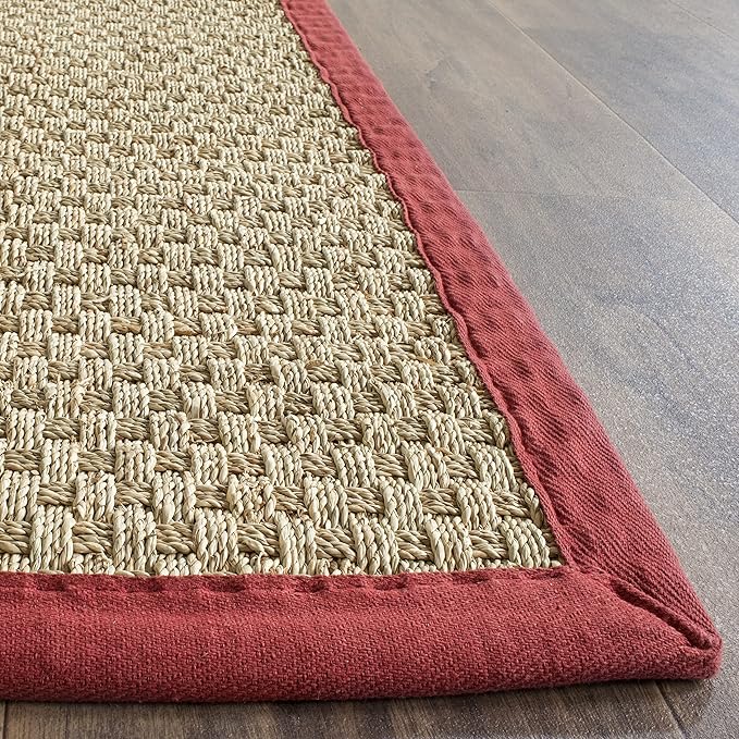 SAFAVIEH Area Rug 10x14 - Natural Fiber Collection - Large - Natural & Red, Seagrass, Basketweave Pattern with Border (NF114D)