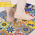 weesire Boho Kitchen Rugs Set 2 Pieces Memory Foam Colorful Ceramic Comfort Tile Floor Mat Anti Fatigue Non-Skid PVC Runner Rug Water & Oil Proof Carpet for Kitchen Laundry Sink,17.3x28+17.3x47 Inch