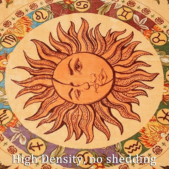 Ultra Thin Washable Mystical Rugs Stain Resistant, Sun and Moon 4x6 Area Rugs Non Slip - Retro Yellow Hippie Floral Throw Rugs for Living Room Bedroom Entryway, Trendy Indie Dorm Tapestry Rug