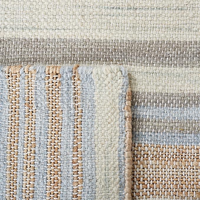 SAFAVIEH Area Rug 8x10 - Kilim Collection - Large - Natural & Light Blue, Handmade Jute, Ideal for Living Room, Bedroom, Office, Dining Space (KLM461L)
