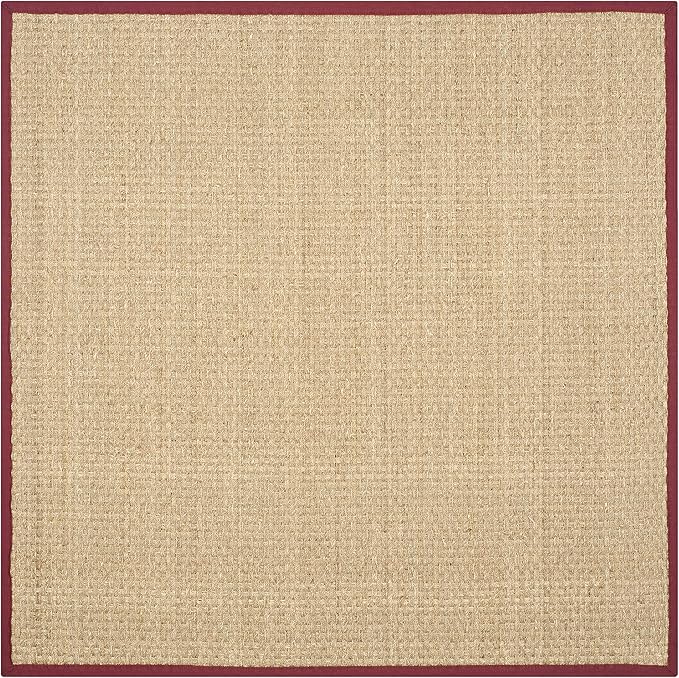 SAFAVIEH Area Rug 6' Square - Natural Fiber Collection - Natural & Red, Seagrass, Basketweave Pattern with Border (NF114D)