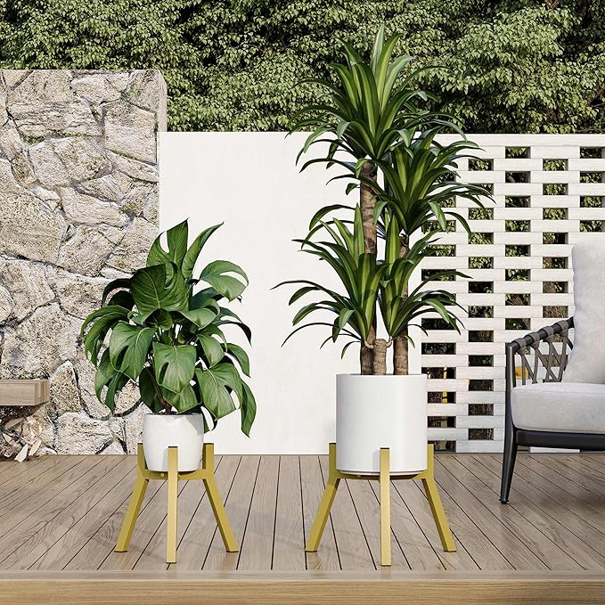 Adjustable Plant Stands Set of 2, Metal Small Plant Holder, Heavy Duty Stable Flower Holder Stand Rack for Various Pot Sizes Indoor Outdoor Corner Living Room Balcony Office Golden PS-007GY-2