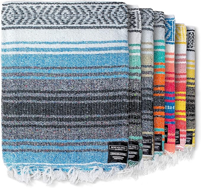 Benevolence LA Authentic Handwoven Mexican Blanket | Yoga Blankets, Outdoor, Picnic, Beach, Camping | Equestrian Saddle | Serape 50x70 inches - Sky Blue, Pack of 1