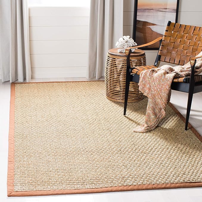 SAFAVIEH Area Rug 4x6 - Natural Fiber Collection - Natural & Brown, Seagrass, Basketweave Pattern with Border (NF114B)