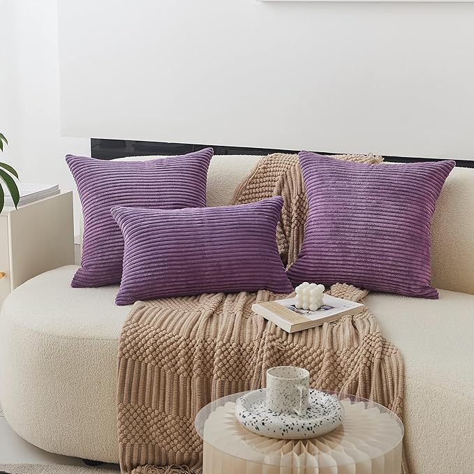 Home Brilliant Purple Pillow Covers 18x18 Striped Velvet Corduroy Decorative Throw Pillow Covers Set of 2 Throw Pillows for Couch Chair, 18 x 18 inch, Eggplant