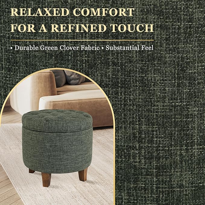 Homepop Home Decor | Upholstered Round Tufted Foot Rest Ottoman | Ottoman with Storage for Living Room & Bedroom | Decorative Home Furniture, Green Clover Fabric