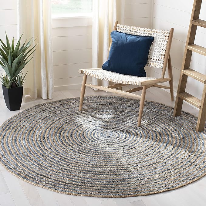 SAFAVIEH Cape Cod Collection 4' Round Natural/Blue CAP250A Handmade Flatweave Jute Entryway Foyer Living Room Bedroom Kitchen Area Rug